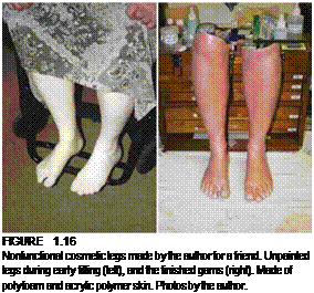 Подпись: FIGURE 1.16 Nonfunctional cosmetic legs made by the author for a friend. Unpainted legs during early fitting (left), and the finished gams (right). Made of polyfoam and acrylic polymer skin. Photos by the author. 