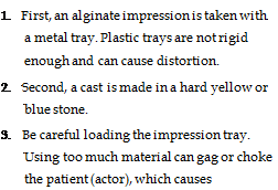 Подпись: 1. First, an alginate impression is taken with a metal tray. Plastic trays are not rigid enough and can cause distortion. 2. Second, a cast is made in a hard yellow or blue stone. 3. Be careful loading the impression tray. Using too much material can gag or choke the patient (actor), which causes 