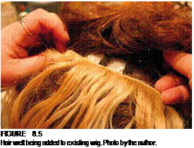 Подпись: FIGURE 8.5 Hair weft being added to existing wig. Photo by the author. 